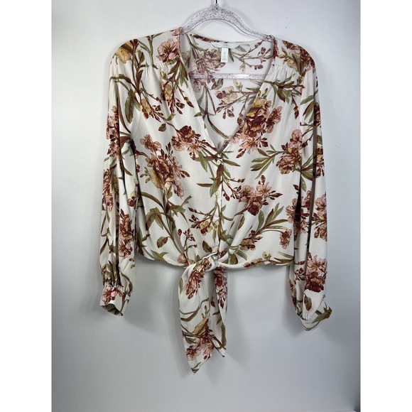 H&M Tops - H&M Size 8 Women White Brown Floral Long Sleeve Button-Up Front Tie Top Blouse